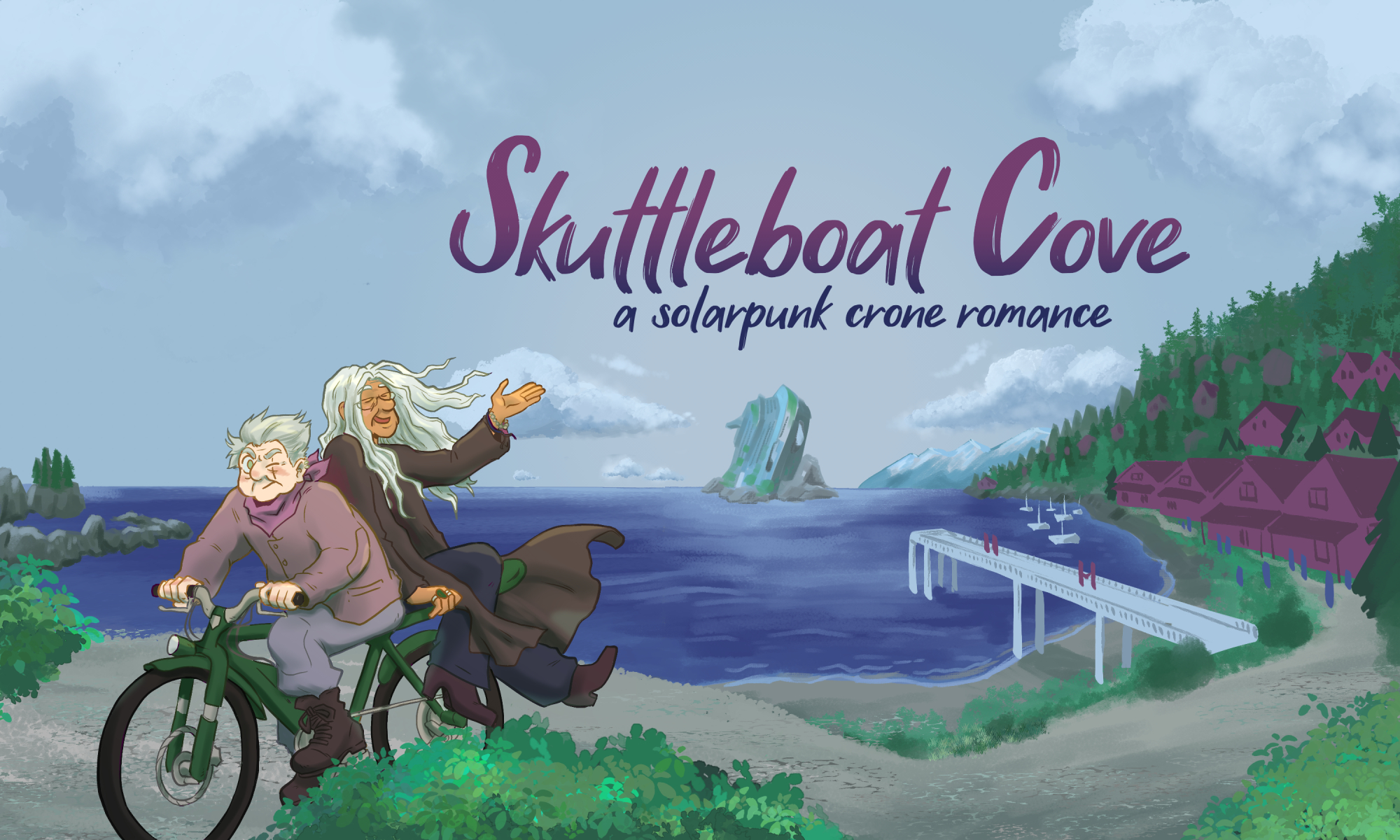 Promo image for the webcomic Skuttleboat Cove, an illustration of two elders on an e-bike. In the distance is a small seaside BC village.