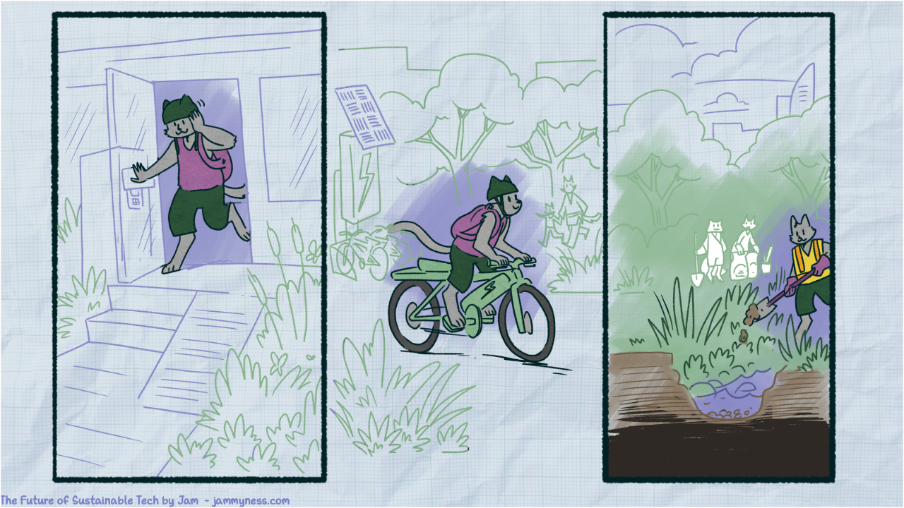 Illustration of our character riding a bike to the coast to help dig a rain garden.