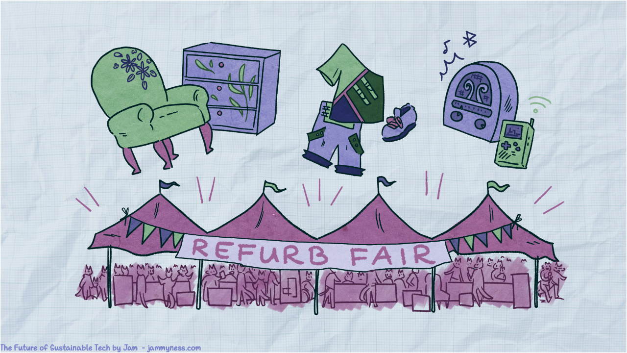 Illustration of a festival where used goods are refurbished to better than new condition.