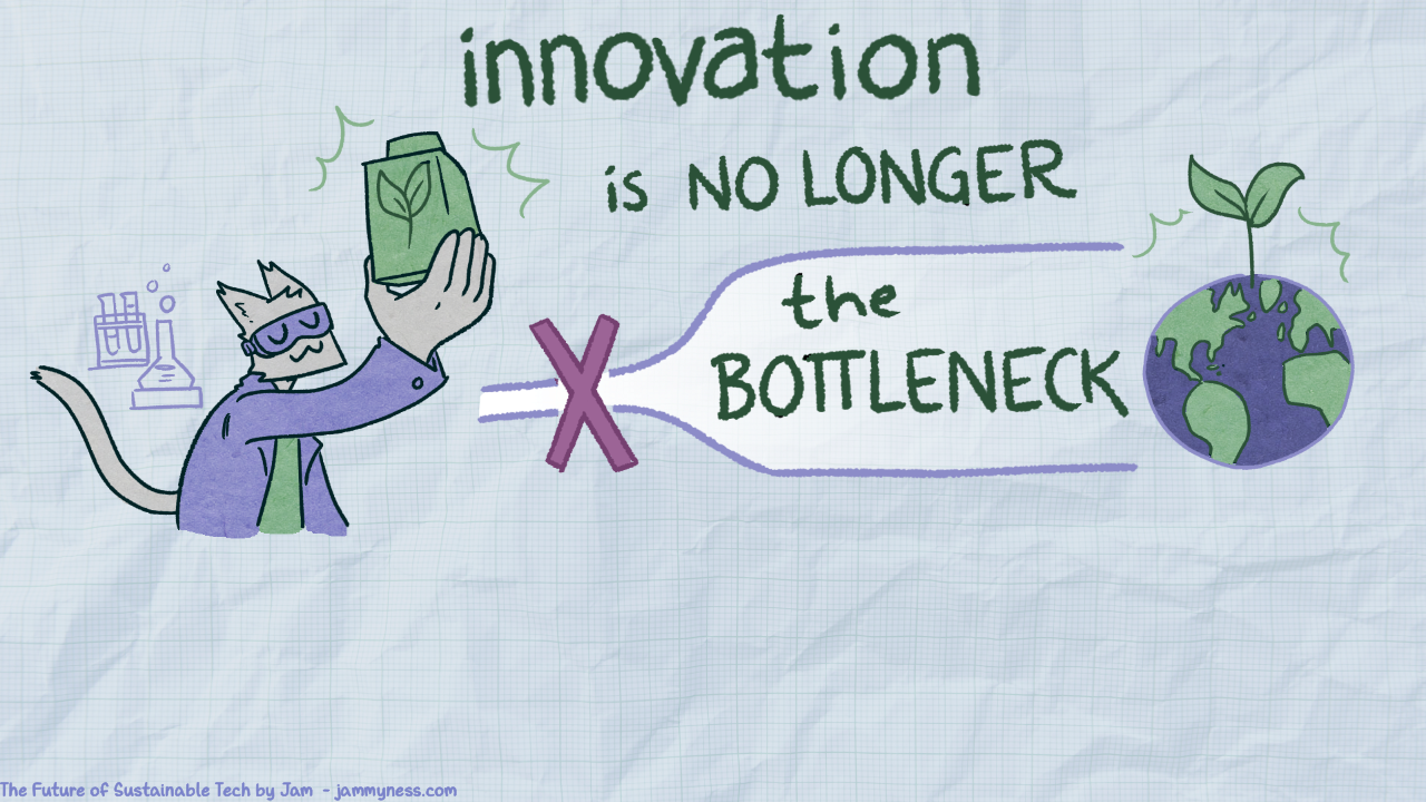 Illustration of a scientist holding a lego piece representing technology and a large bottleneck between them and a green earth with an X through it. Innovation is no longer the bottleneck.